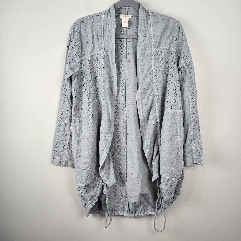 Sundance Women Small Moonlight Eyelet open front Cardigan Grey boho cinched hem